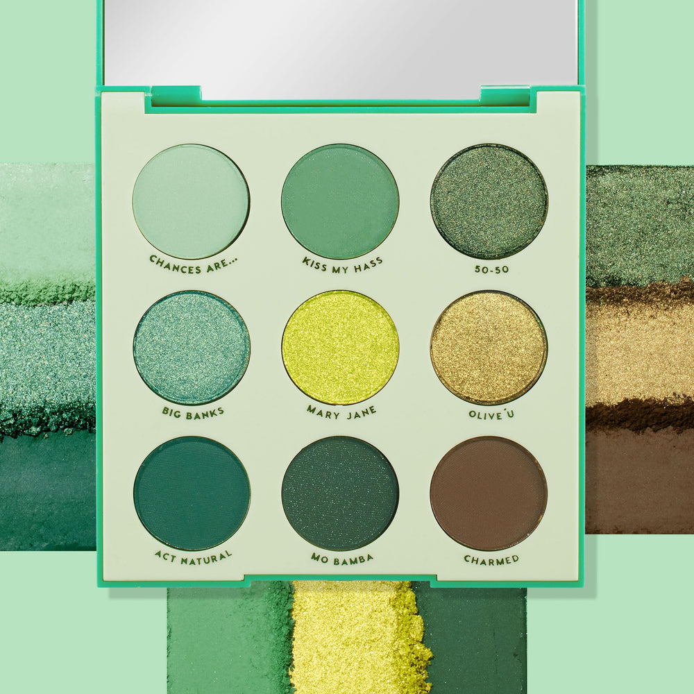 ColourPop Just My Luck metallic greens on swatches offer luminous shine for evenings.