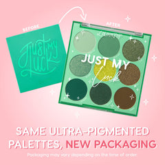 ColourPop Just My Luck opened reveals nine green shades for versatile looks.