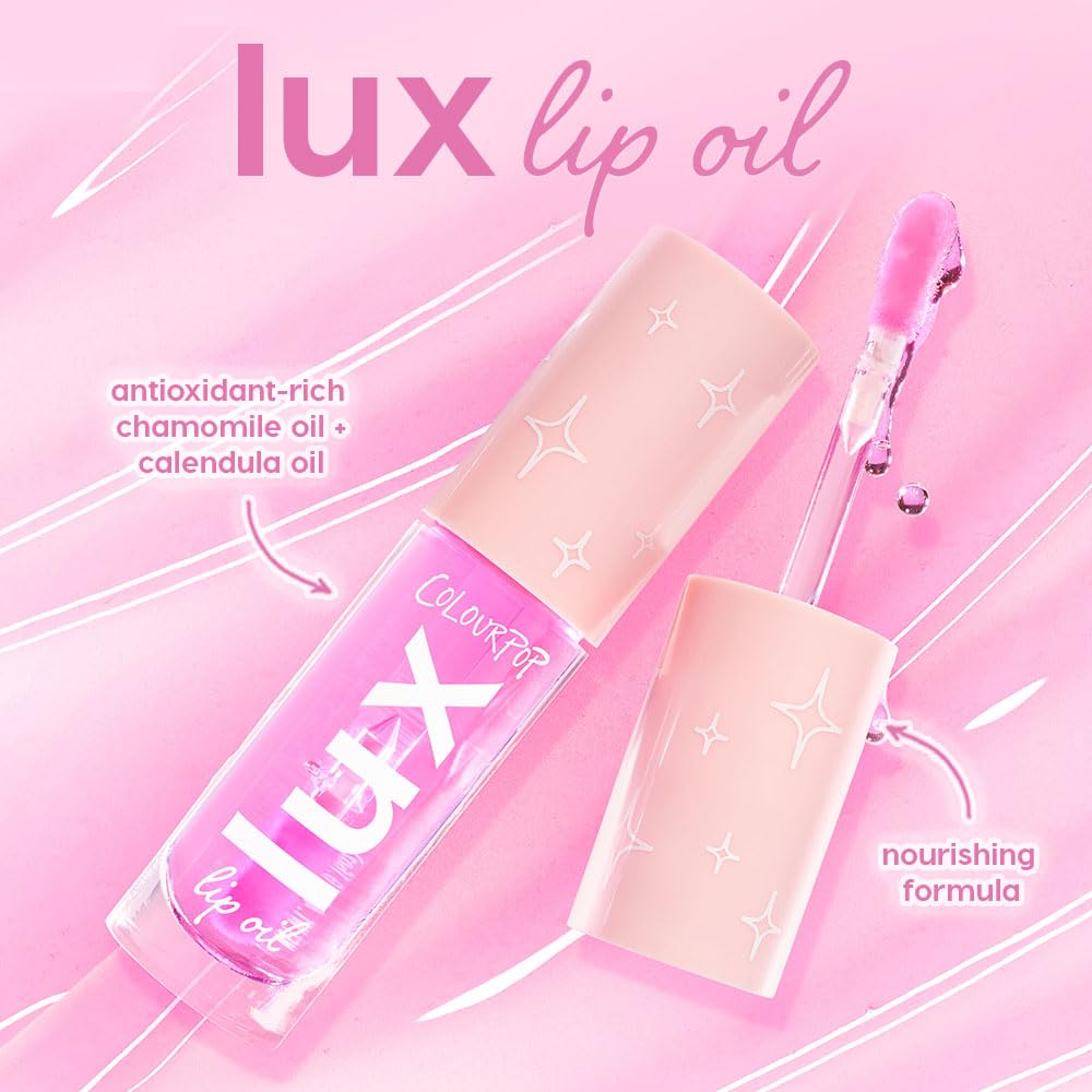ColourPop Lux Lip Oil chamomile-calendula close-up highlights antioxidant nourishment for lips.