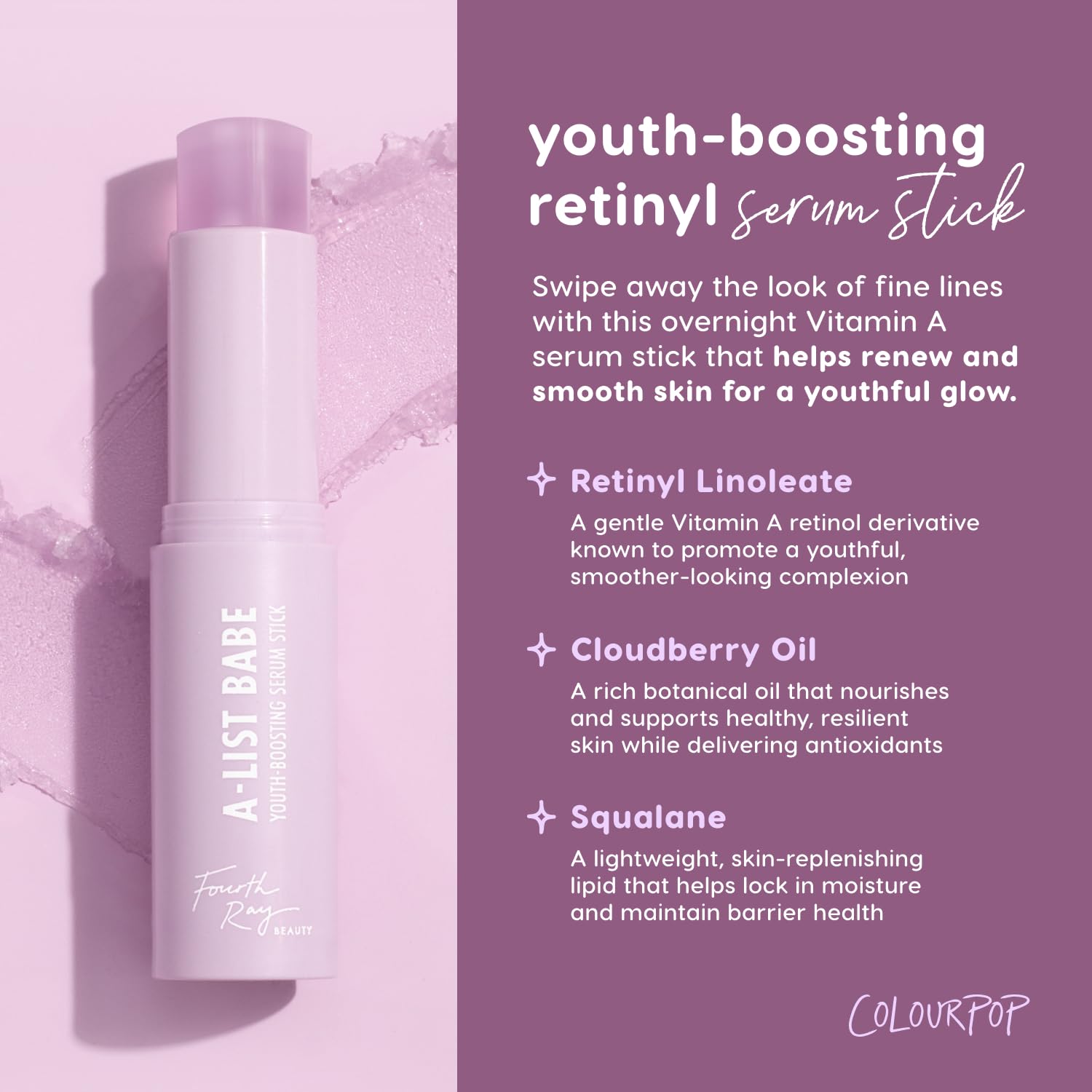 ColourPop Retinol Serum Stick demonstrates lightweight, non-greasy texture on skin.