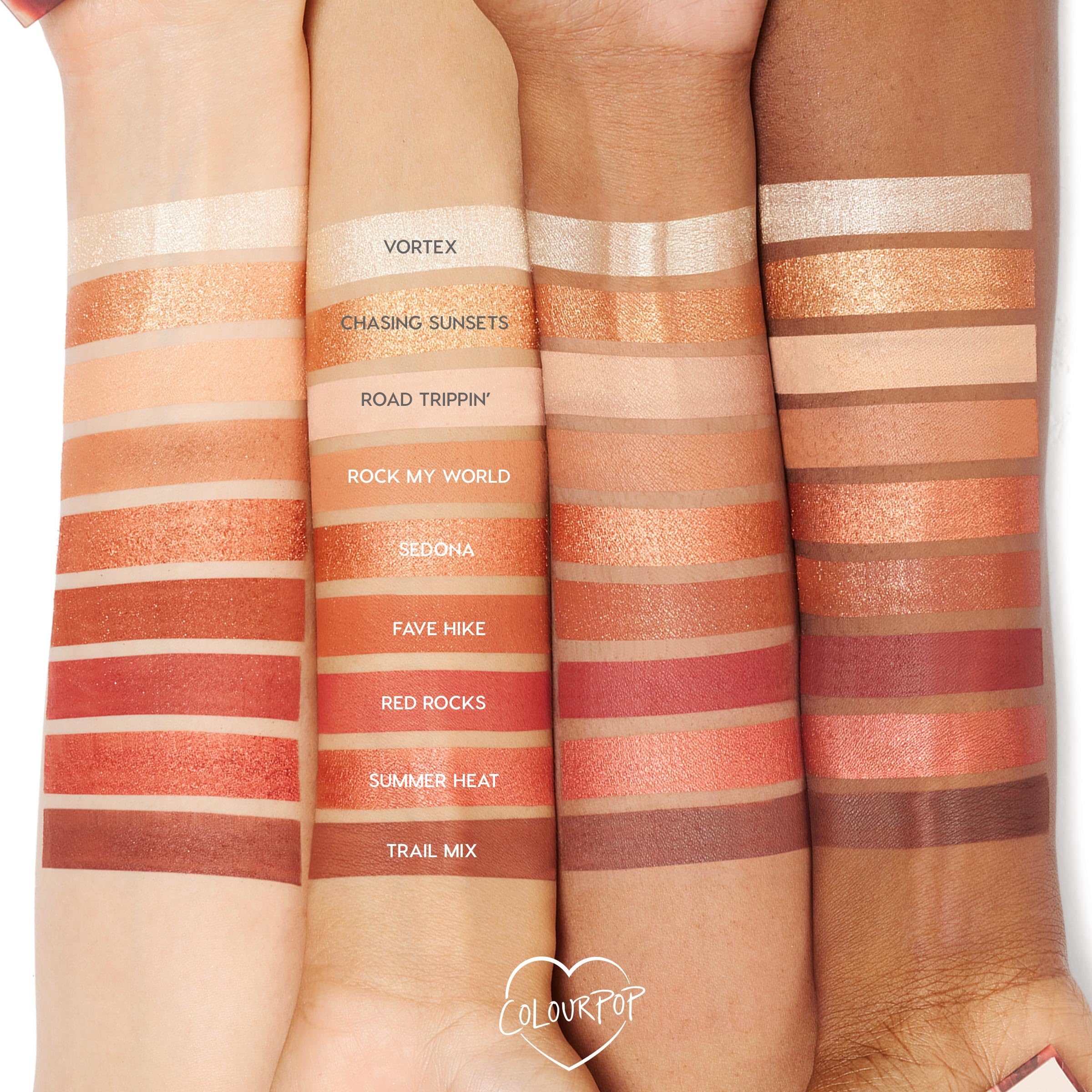 Open ColourPop Rock On palette revealing nine warm shades with smooth powder texture.