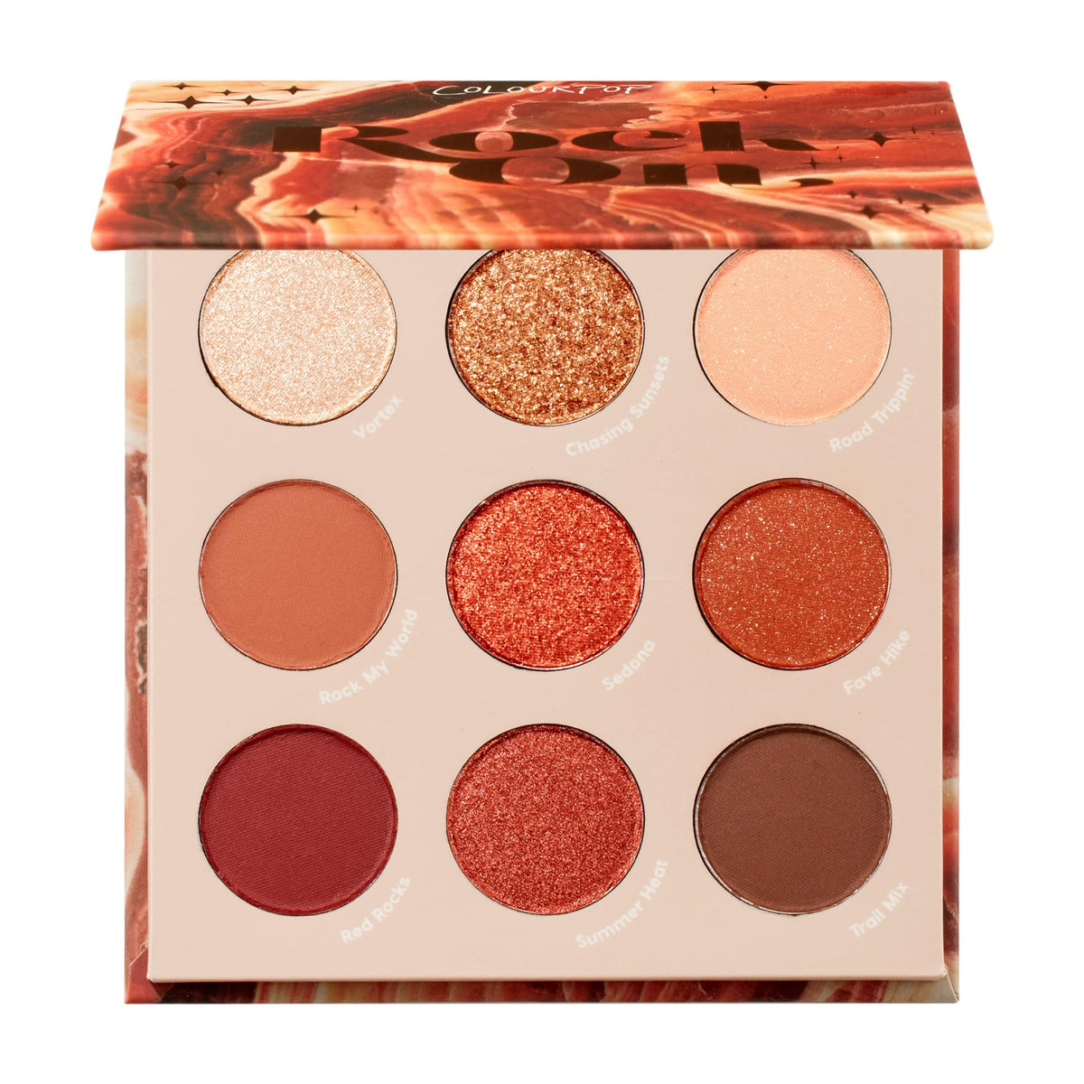 ColourPop Rock On palette swatches show warm terracotta tones for everyday looks.