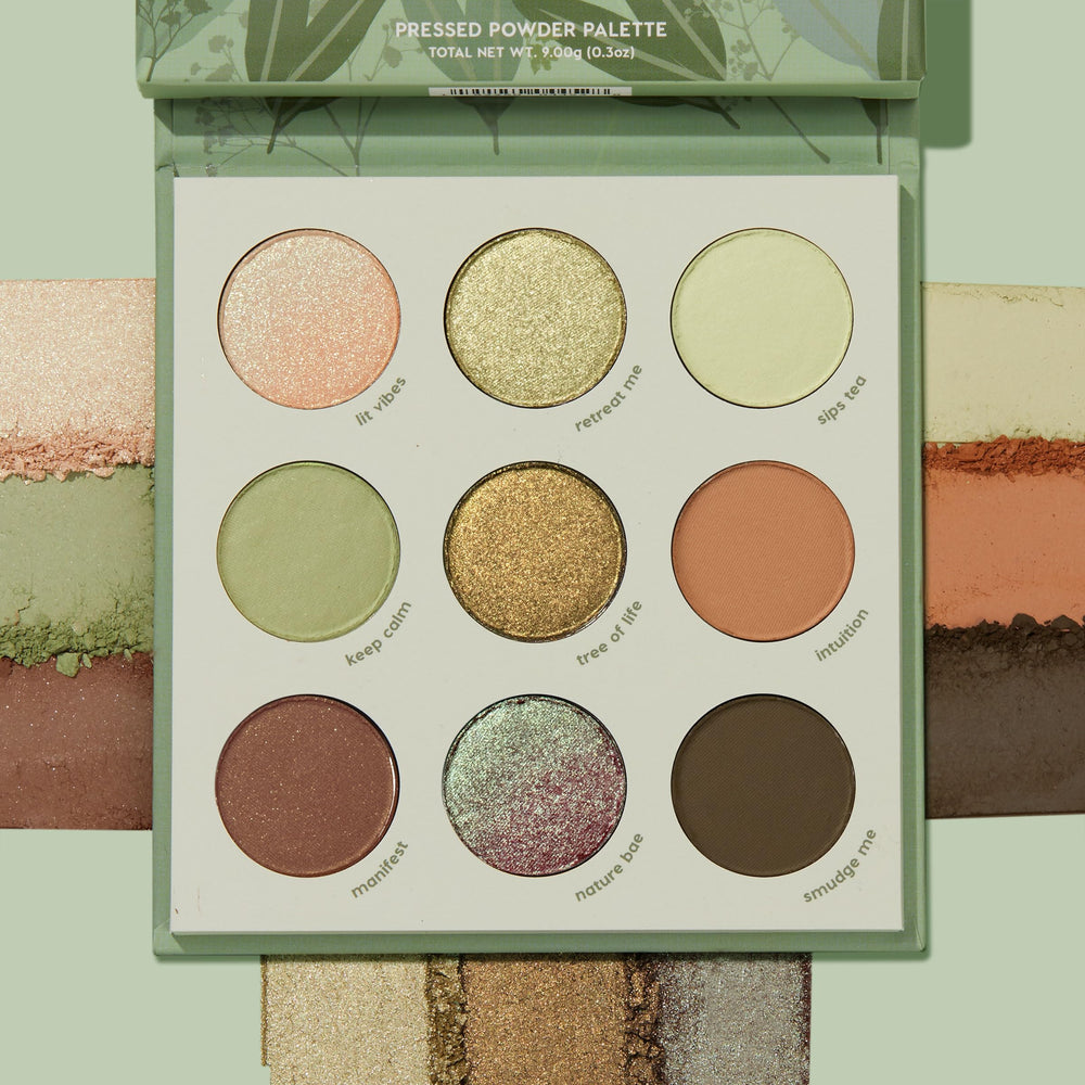 ColourPop Sage the Day palette open, showing sage and olive shades for versatile looks.