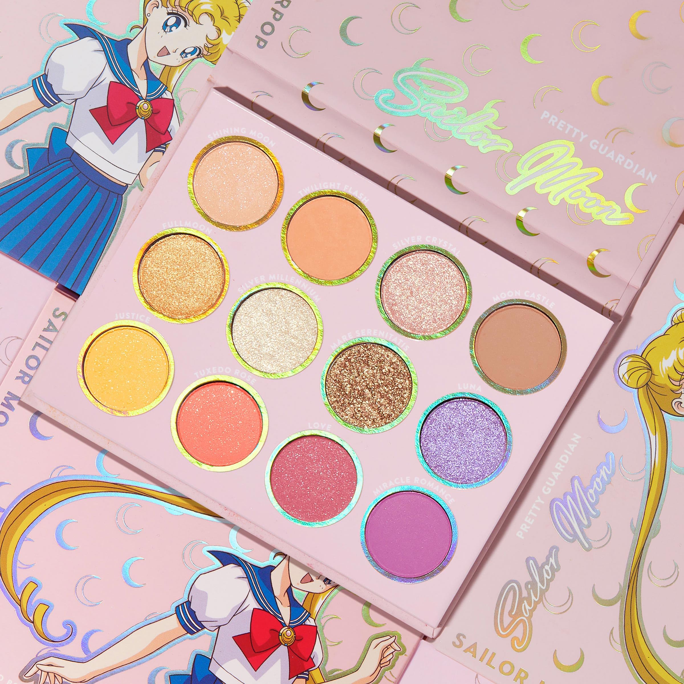 ColourPop Sailor Moon palette displays soft coral shade for fresh day looks.