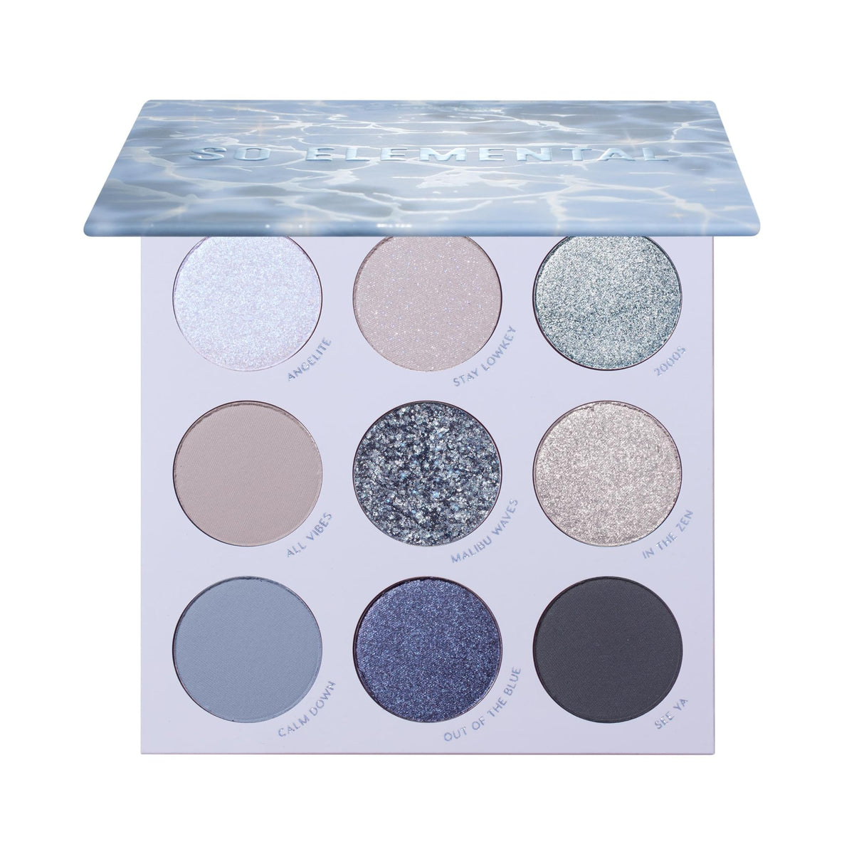 ColourPop So Elemental blue-silver palette front shot highlights bold blue shades for high-impact looks