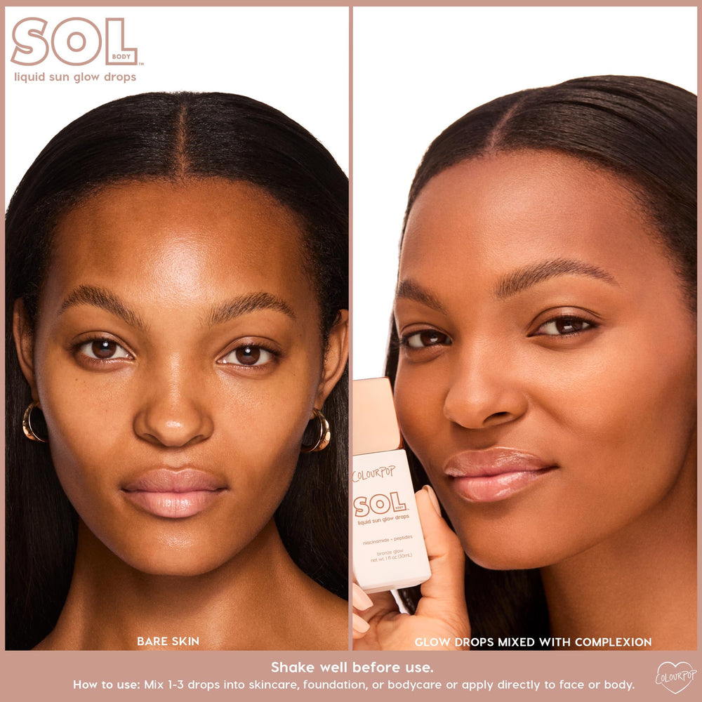 ColourPop Sol Glow Drops blended with foundation for a cohesive bronzed complexion