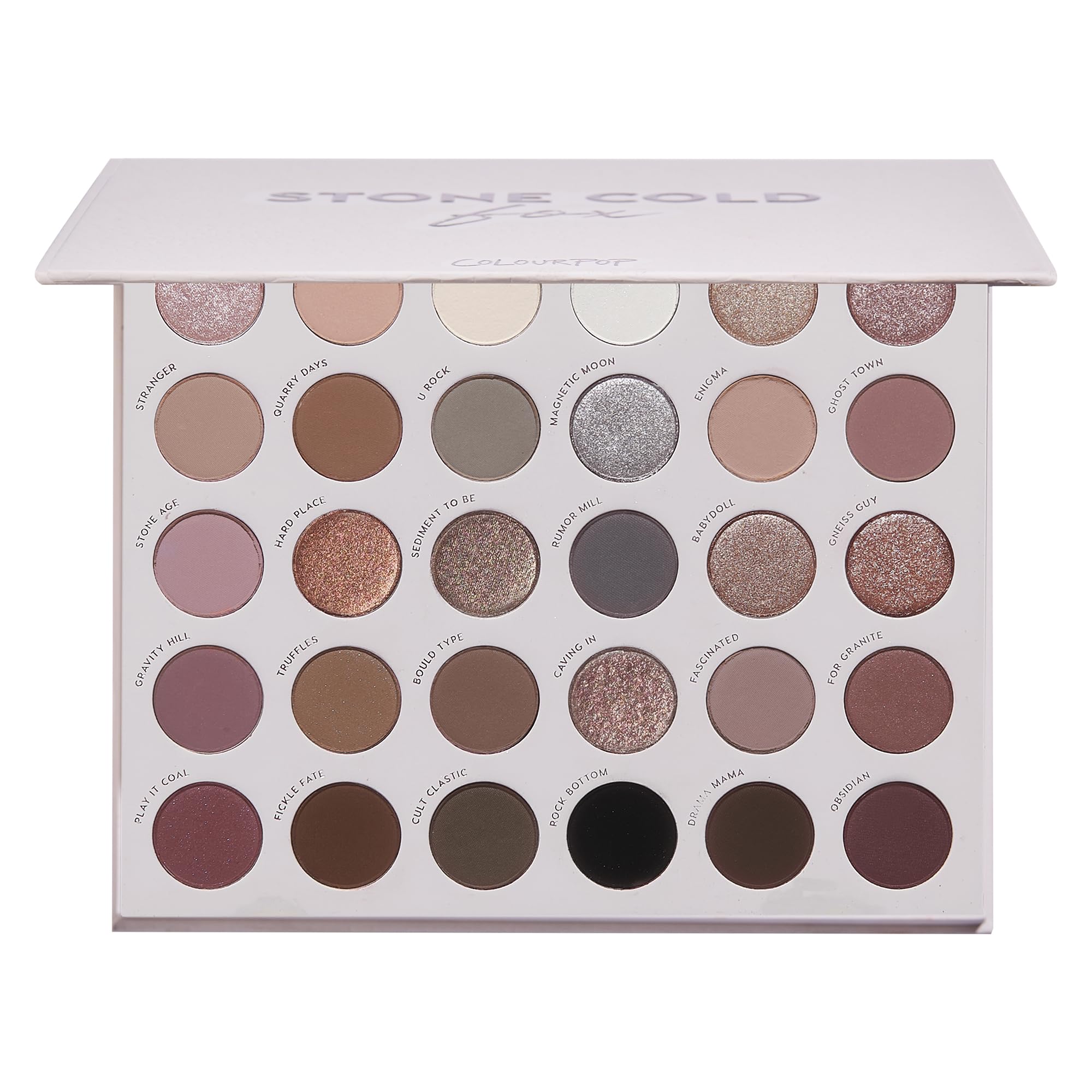 ColourPop Stone Cold Fox palette open shows 30 cool-toned shades for versatile makeup looks.