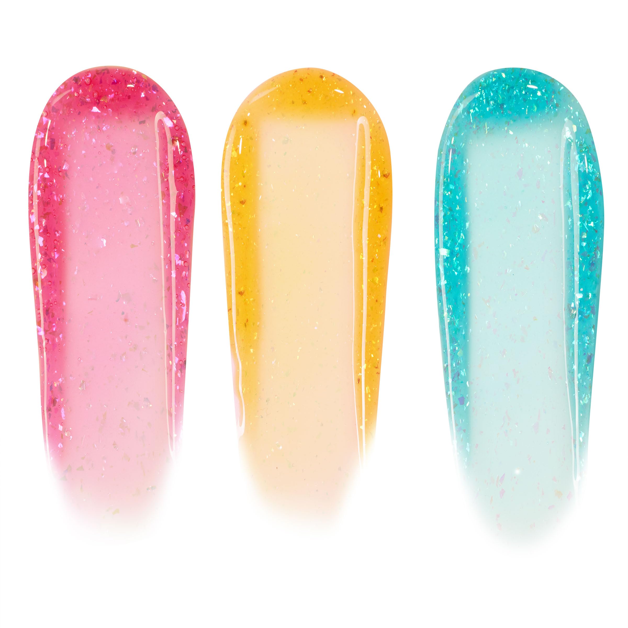 ColourPop gloss trio close-up shows multichrome flakes for a sparkly, collectible look.