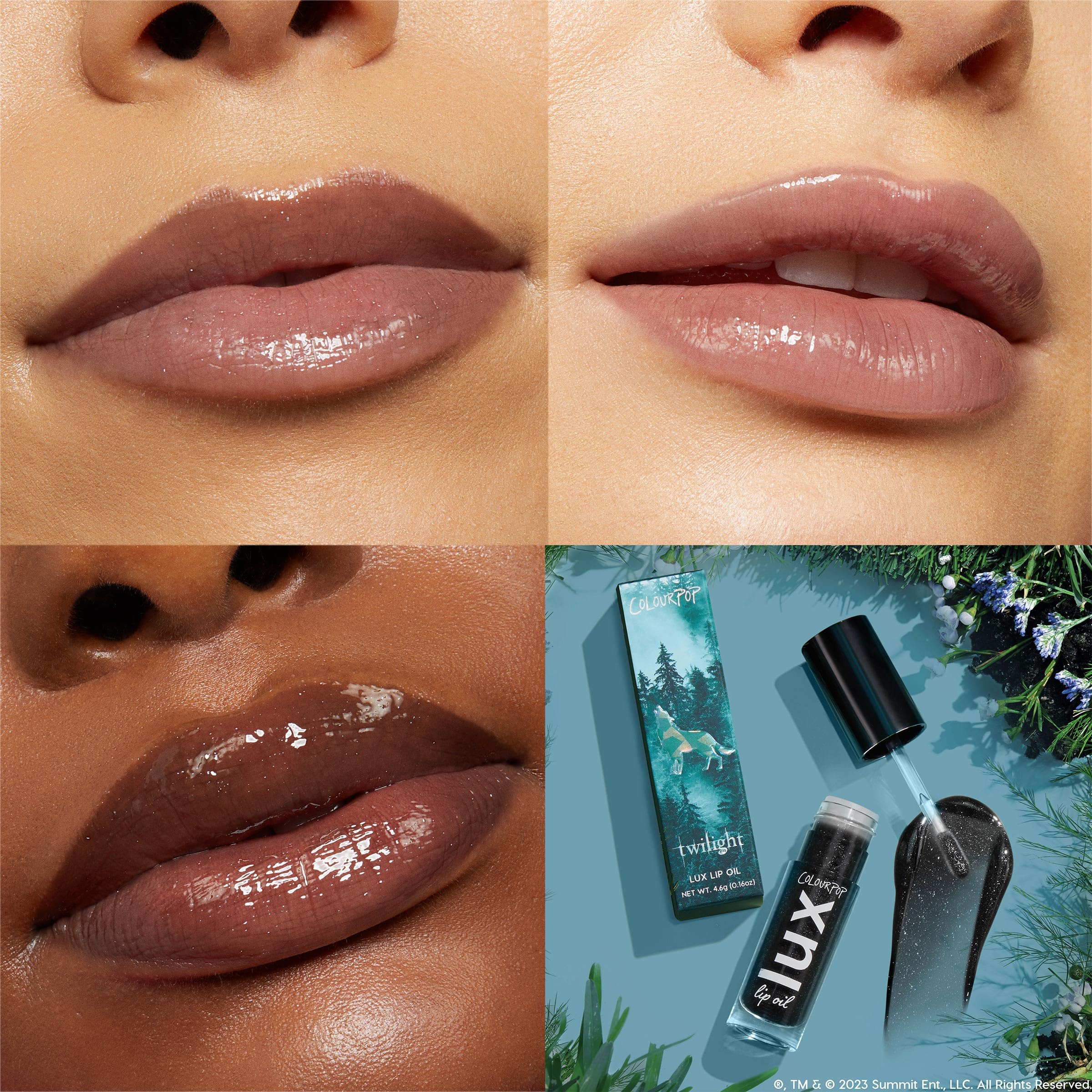 ColourPop Twilight Lux Lip Oil glossy finish on lips with non-greasy feel.