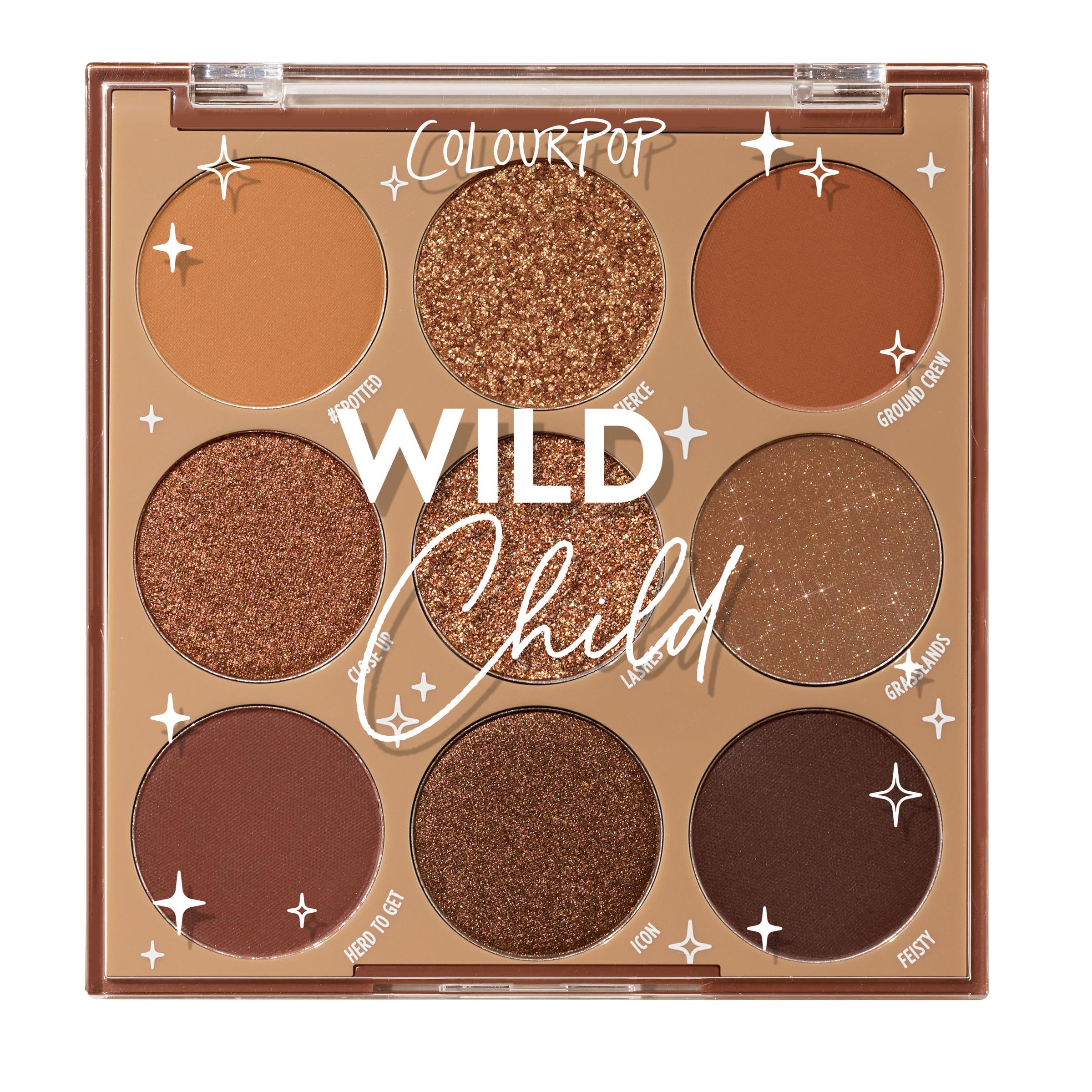 ColourPop Wild Child palette open showing rich chocolate browns for versatile day-to-night looks.