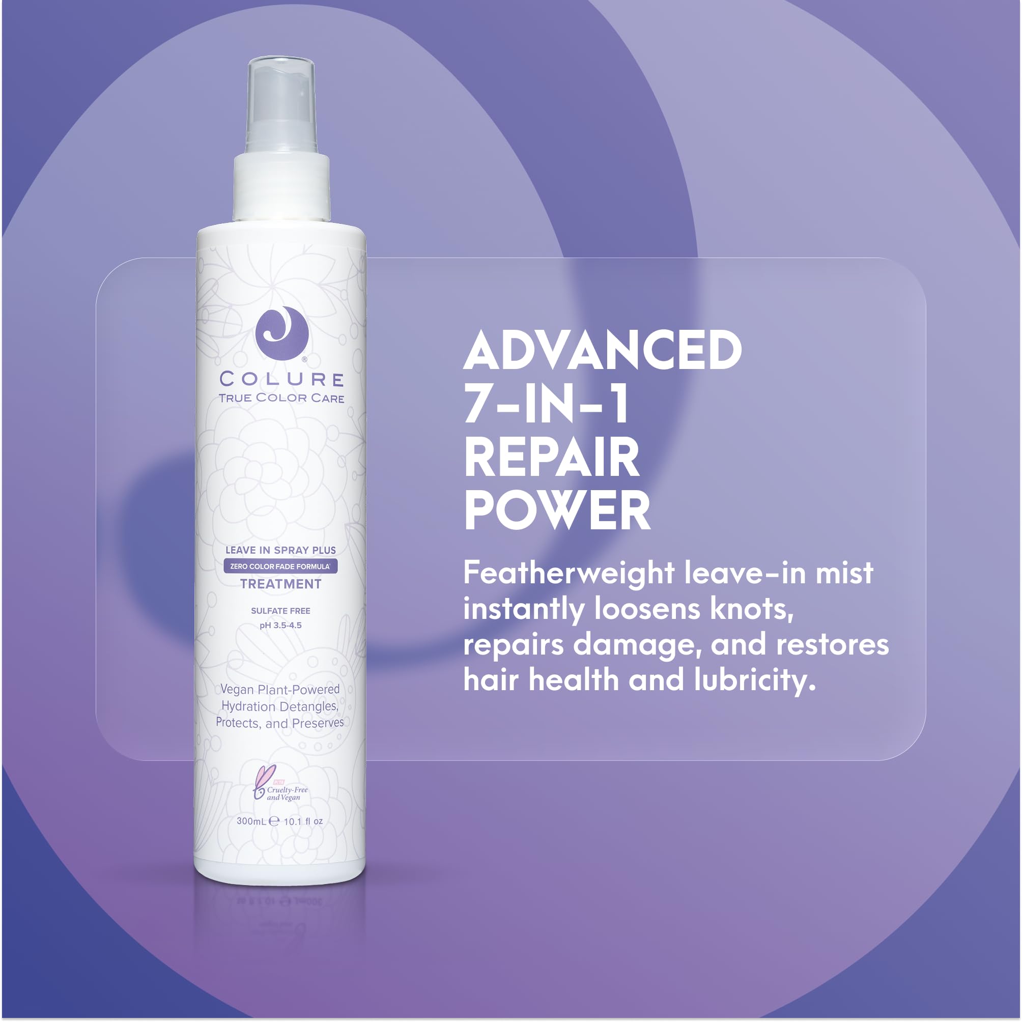 COLURE Leave-In Spray Plus label close-up highlighting vegan formula.