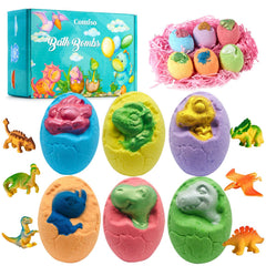 Comfso Dino Eggs bath bomb with surprise toy inside, sparks bath time fun.
