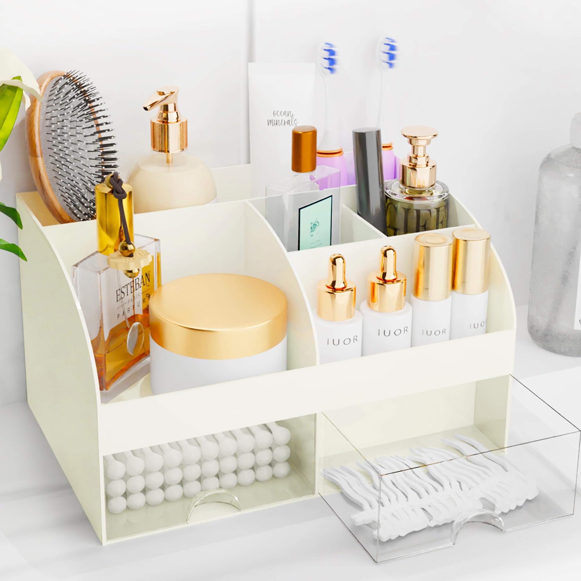 COMFYROOM makeup organizer with drawers in ivory keeps cosmetics neatly stored