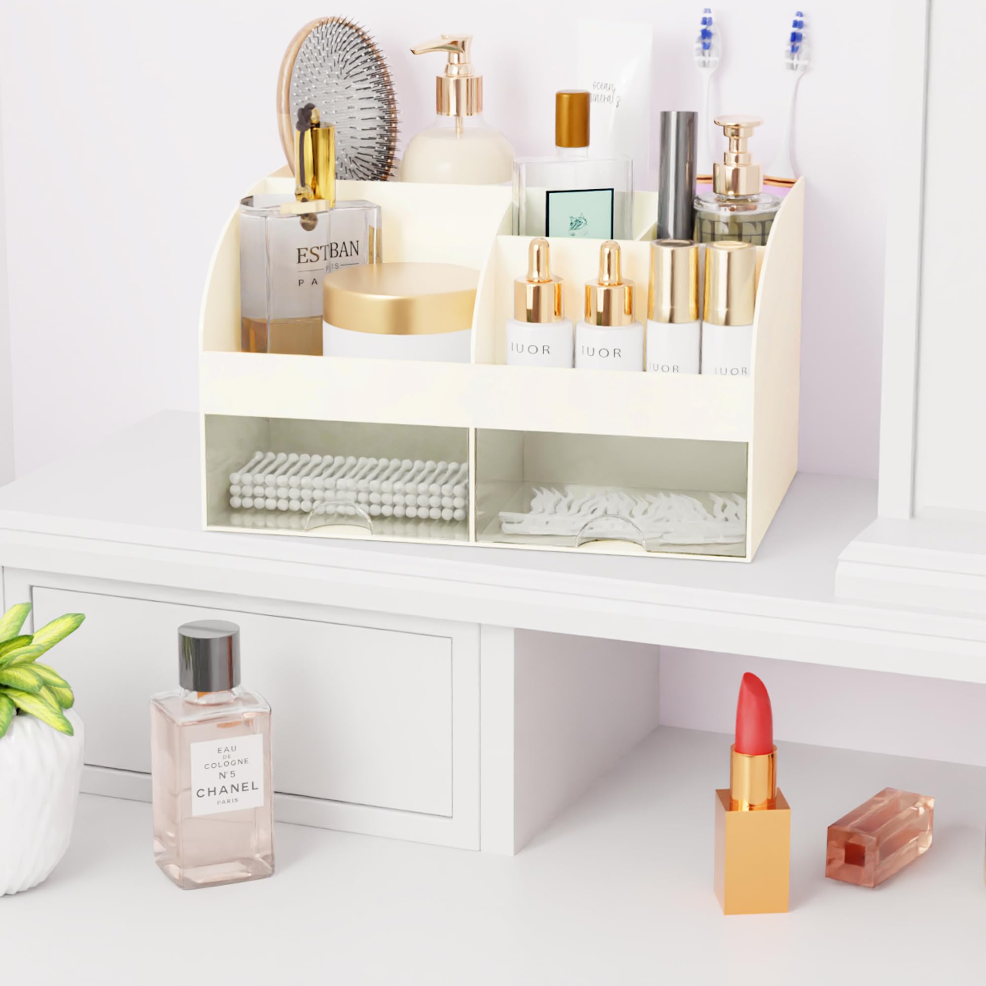 COMFYROOM skincare organizer on vanity sorts serums and jars