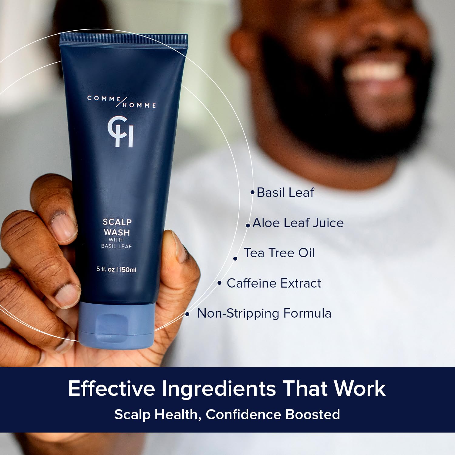 Comme Homme basil tea tree oil ingredient highlights refreshing scent and cleansing feel.