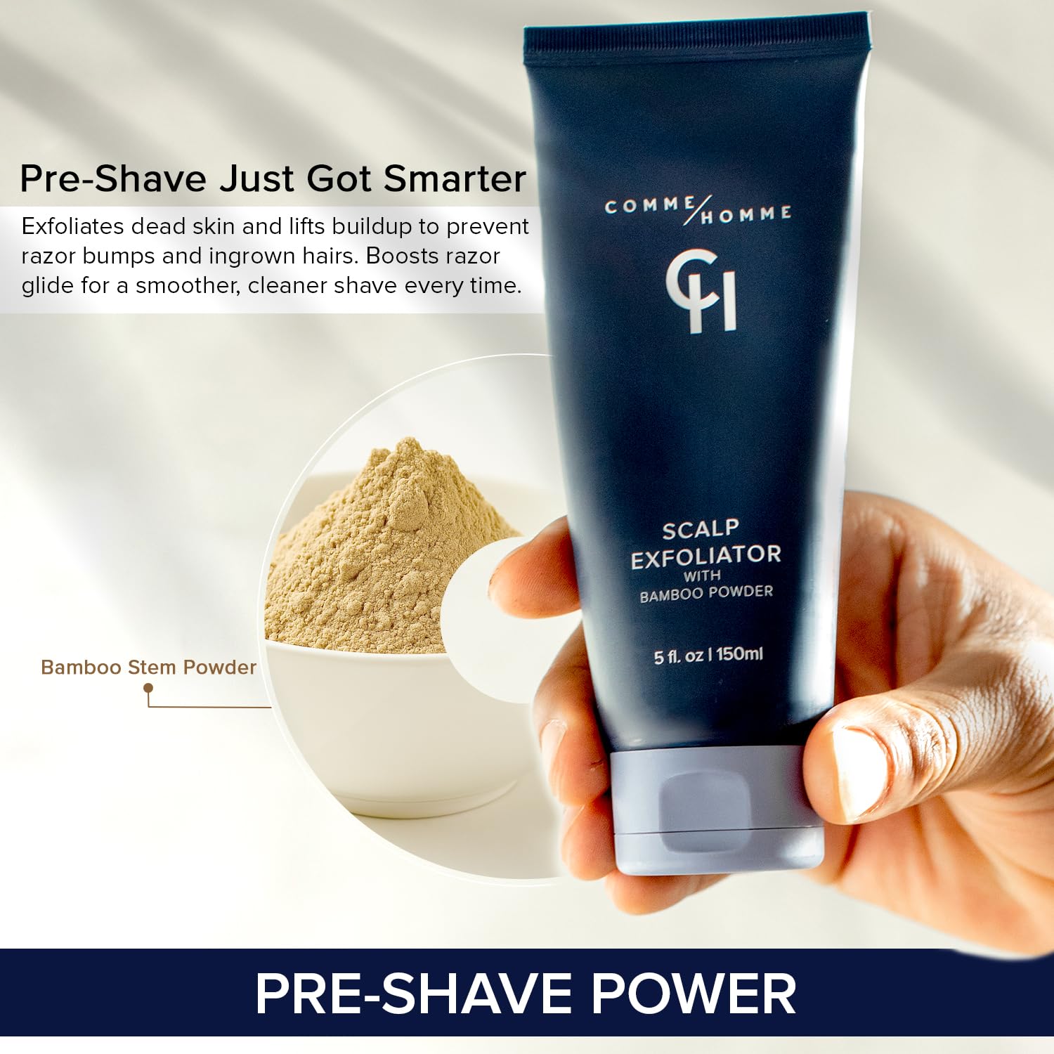Comme Homme pre-shave-exfoliation-application image demonstrates prep for a smoother razor glide.