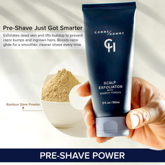 Comme Homme pre-shave-exfoliation-application image demonstrates prep for a smoother razor glide.