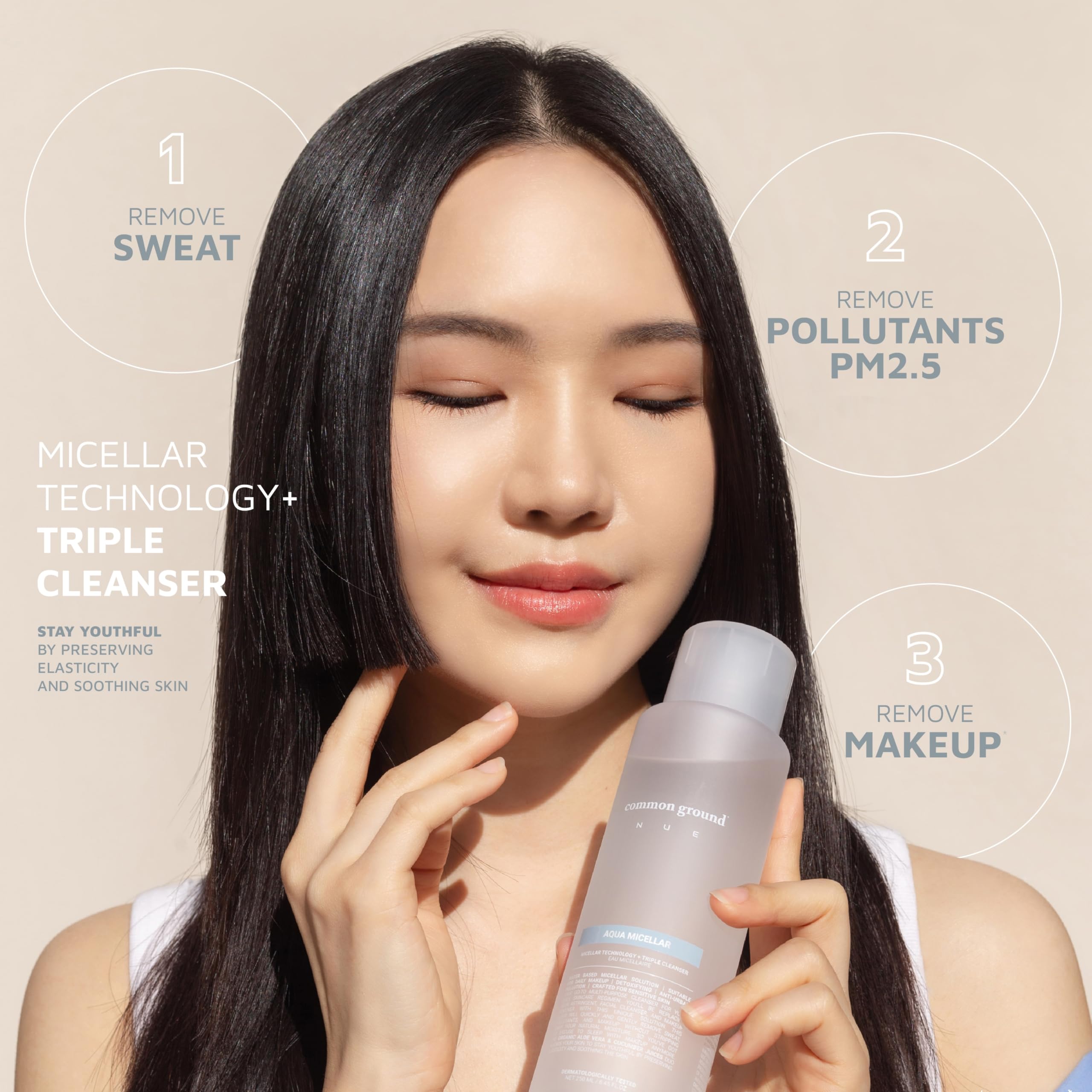 Common Ground NUE Aqua Micellar on-face use shows makeup removal with a soft, non-greasy finish.