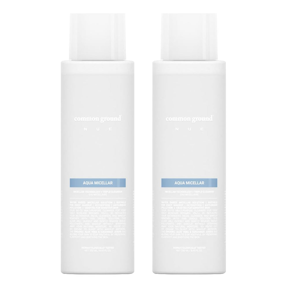 Common Ground NUE Aqua Micellar bottle front demonstrates a convenient 3-in-1 cleanser for fast cleansing.