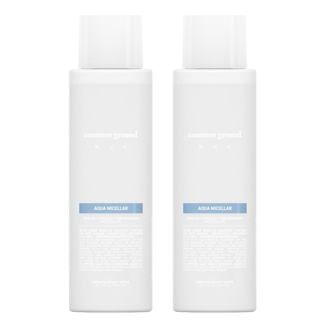 Common Ground NUE Aqua Micellar bottle front demonstrates a convenient 3-in-1 cleanser for fast cleansing.
