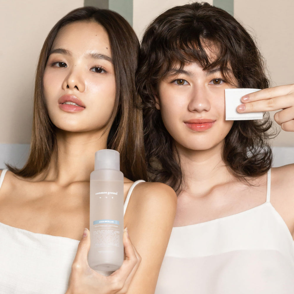 Common Ground NUE Aqua Micellar no-rinse usage suggested by soft cotton pad in action.
