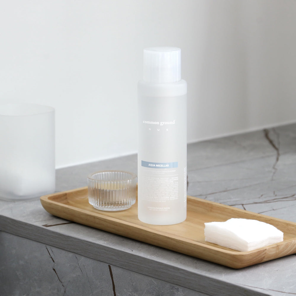 Common Ground NUE Aqua Micellar vegan certification seal appears beside the bottle.