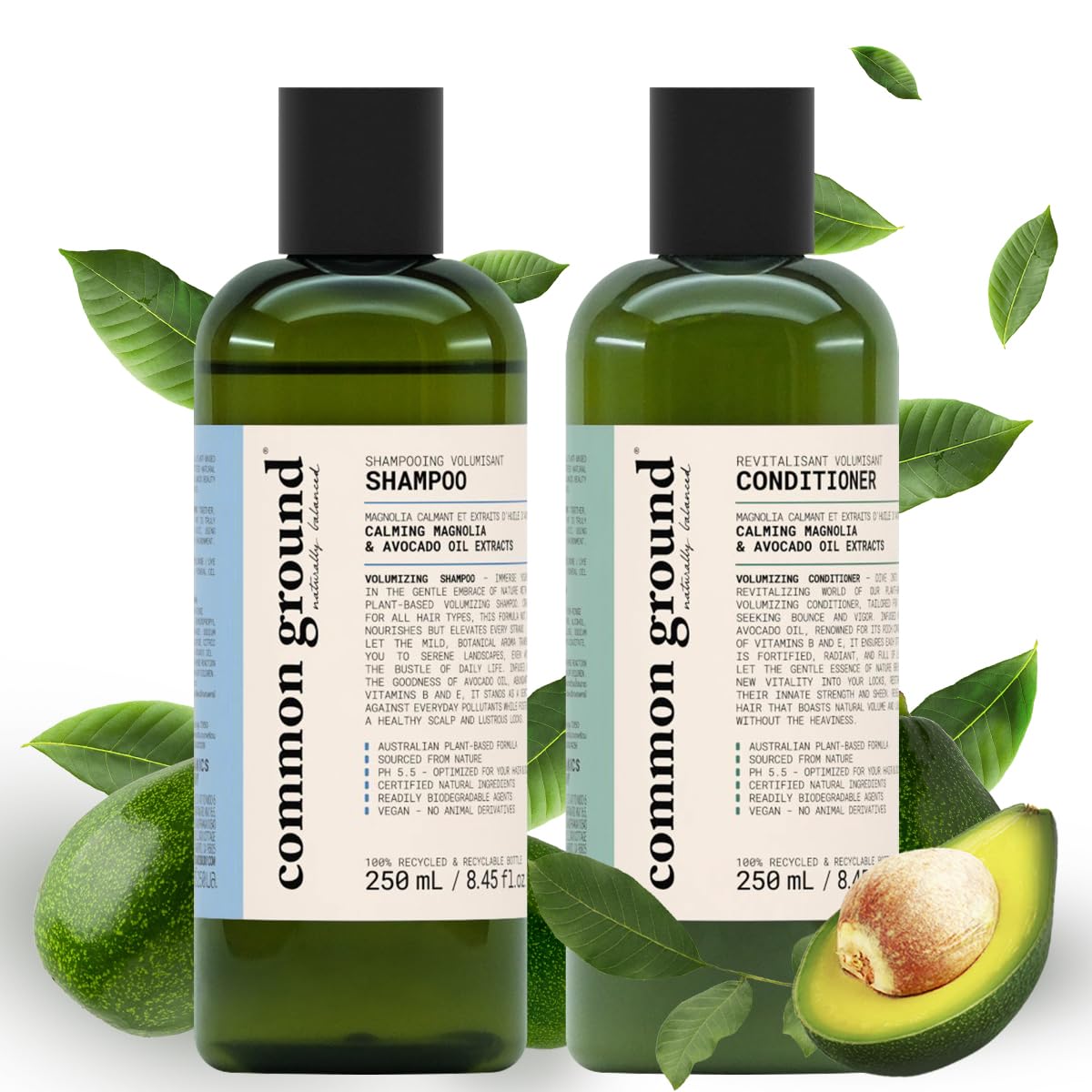 Common Ground shampoo bottle view emphasizing avocado oil hydration for hair.