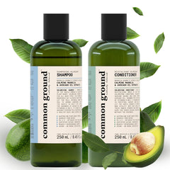 Common Ground shampoo bottle view emphasizing avocado oil hydration for hair.