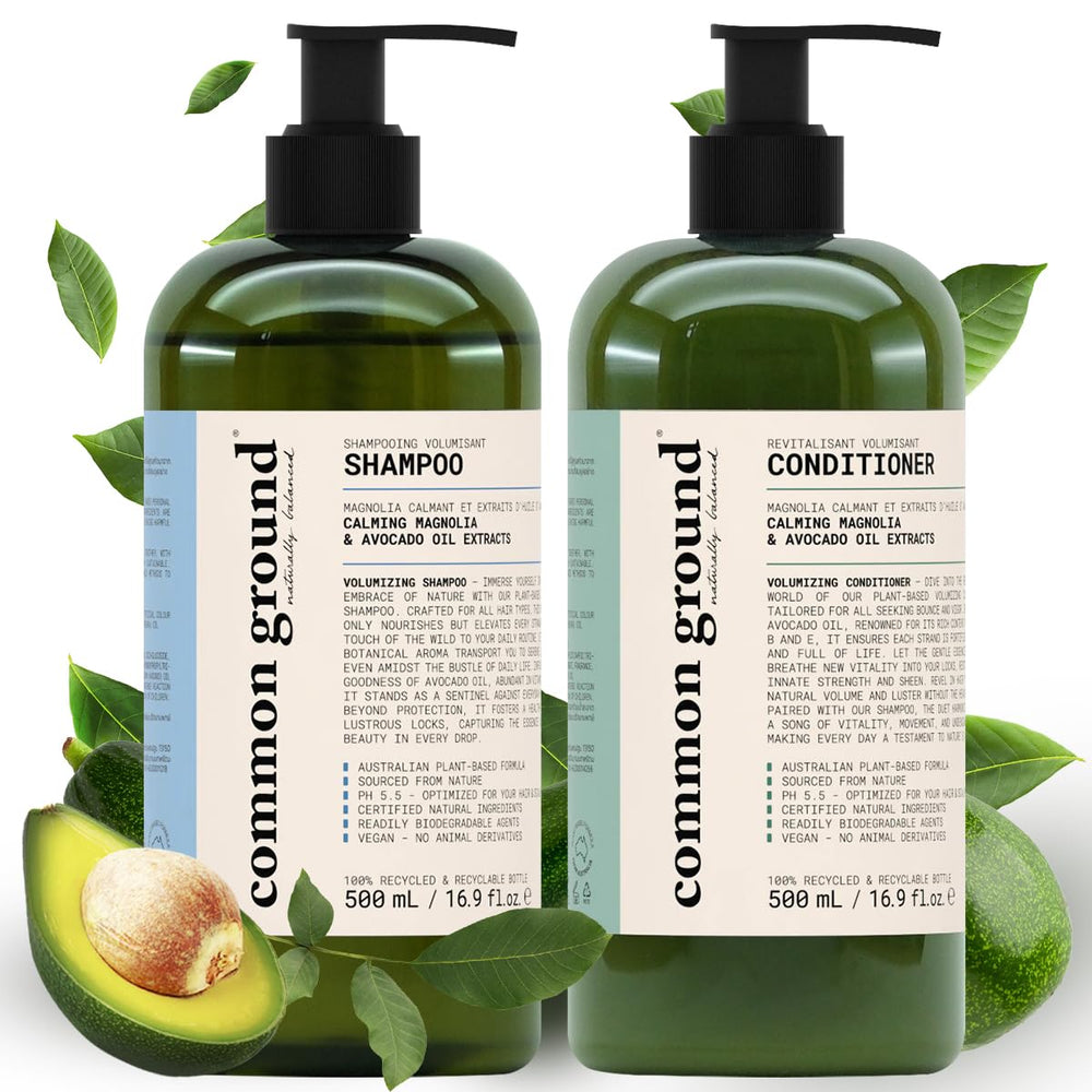 Common Ground volumizing shampoo bottle, plant-based formula for fuller-looking hair
