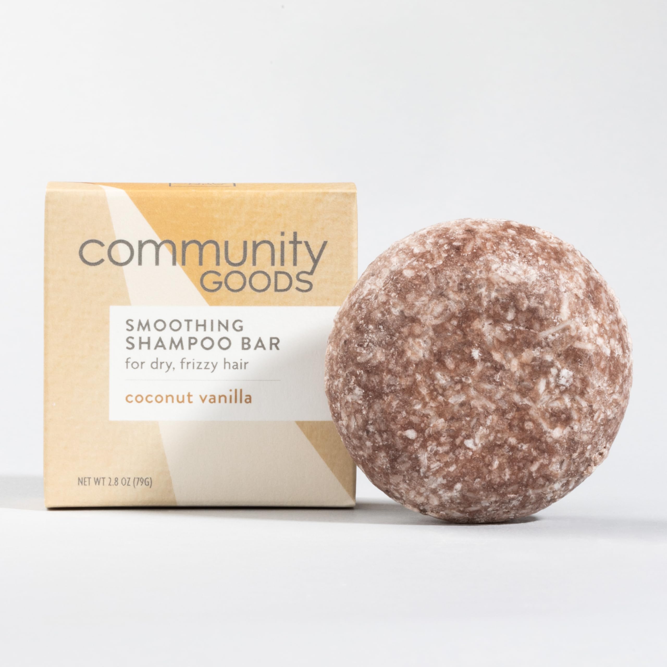 Community Goods coconut-vanilla shampoo bar close-up with clean ingredients and tropical scent