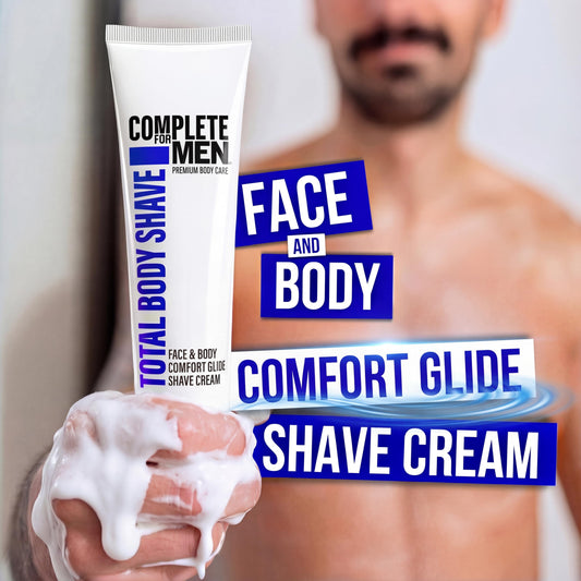 Complete For Men applying shaving cream on face and body for versatile use.