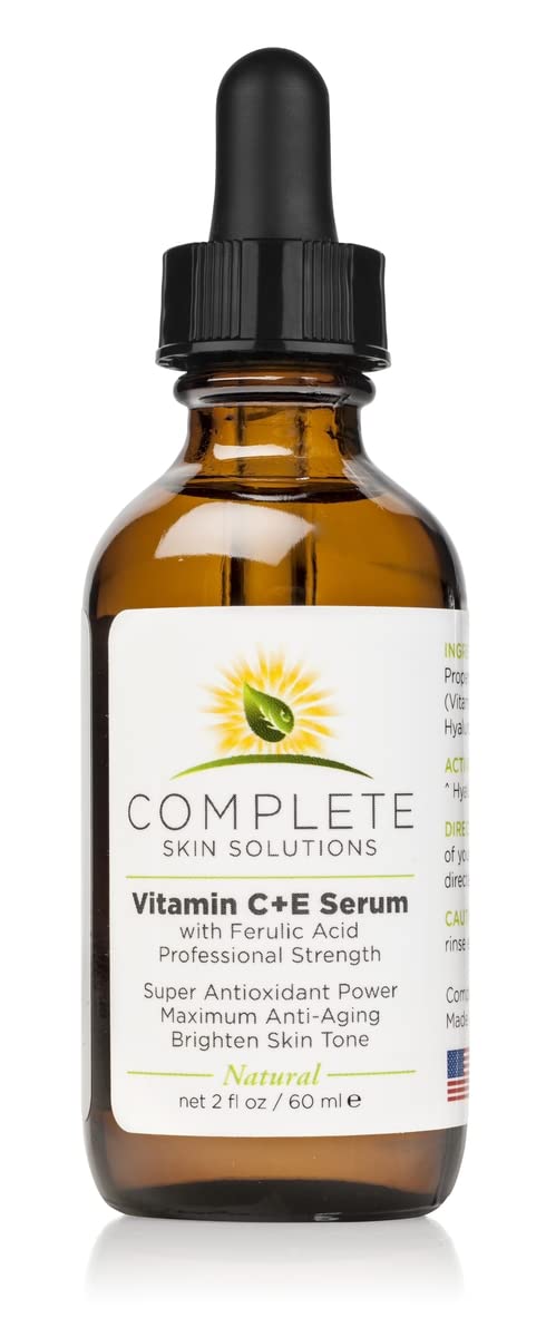Complete Skin Solutions Vitamin C Serum bottle highlighting premium anti-aging formula.