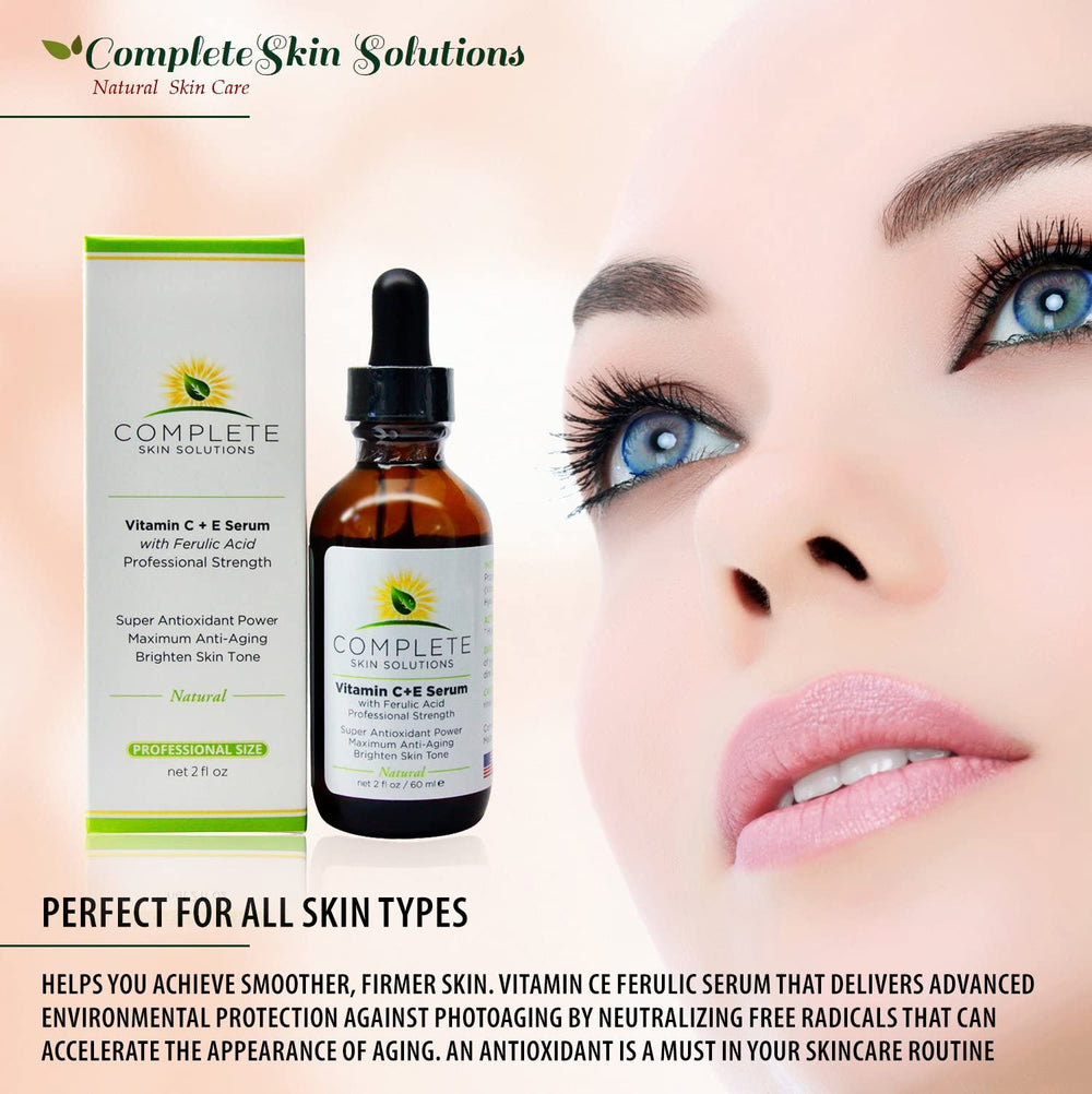 Complete Skin Solutions Vitamin C Serum ingredients ferulic acid and hyaluronic acid graphic.