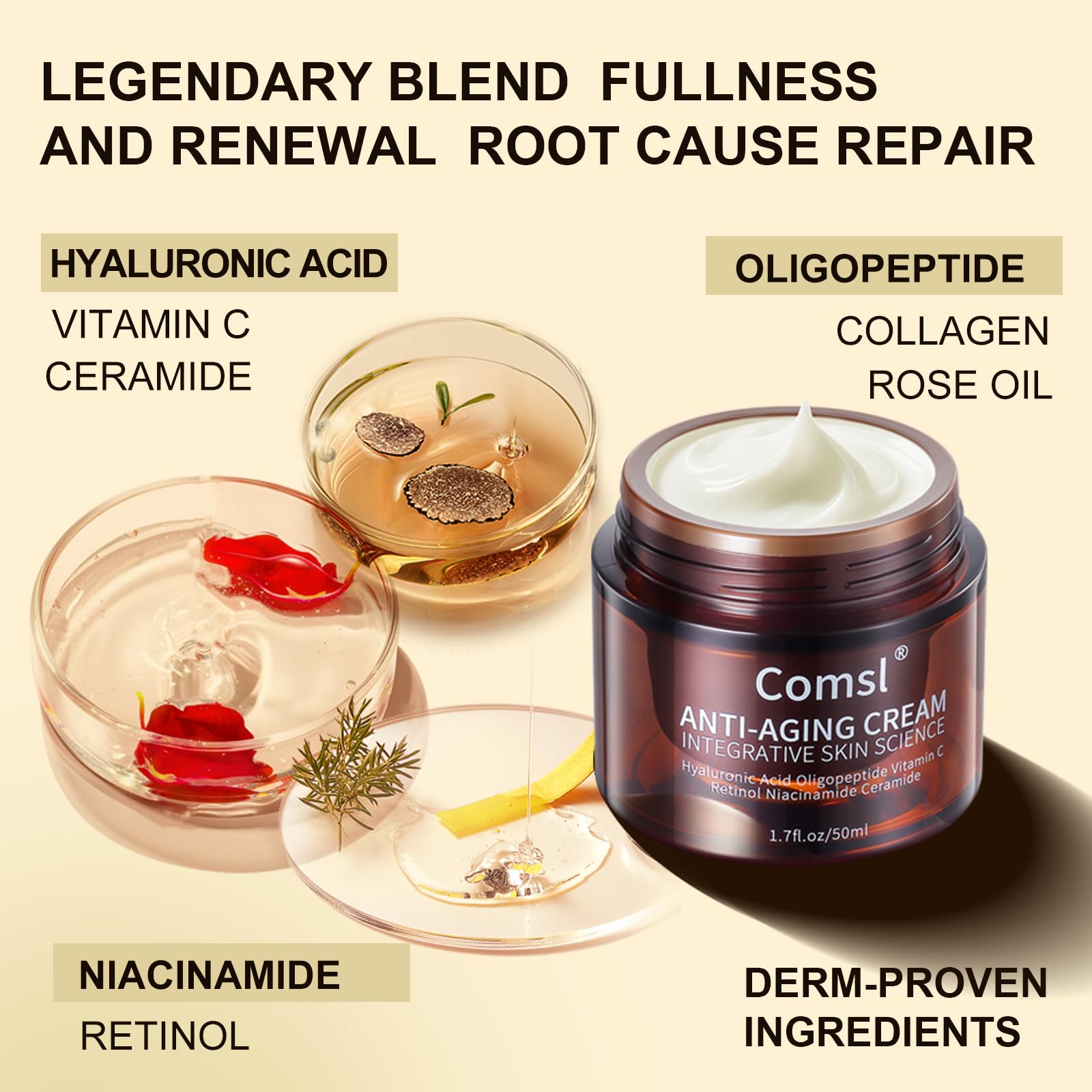 comsl oligopeptides antiaging cream closeup emphasizing firmer look and smooth skin