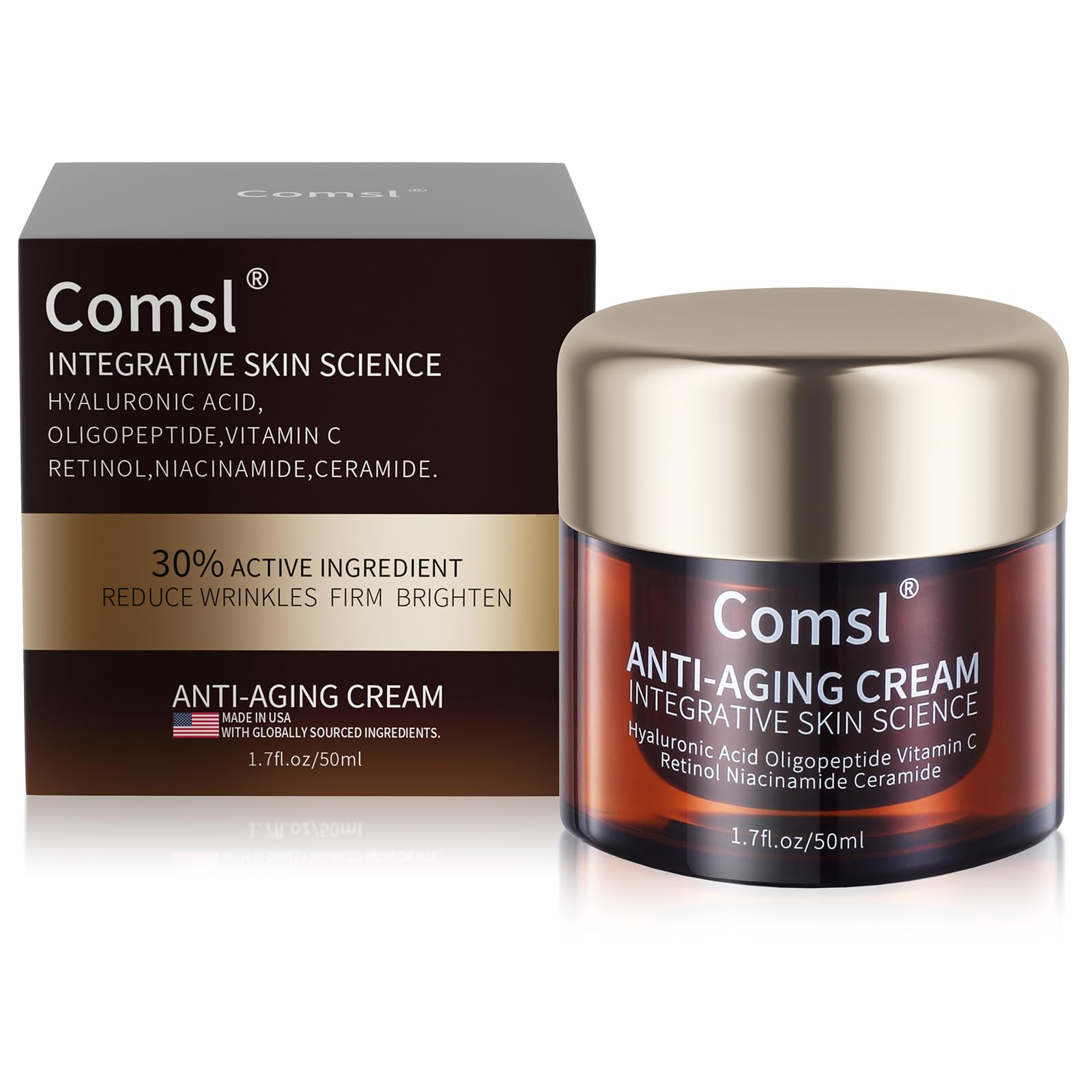 comsl retinol vitamin c niacinamide cream bottle shows potent blend for anti-aging skin care