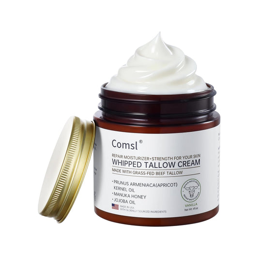comsl Whipped Tallow Honey Cream jar close-up shows rich texture for dry skin