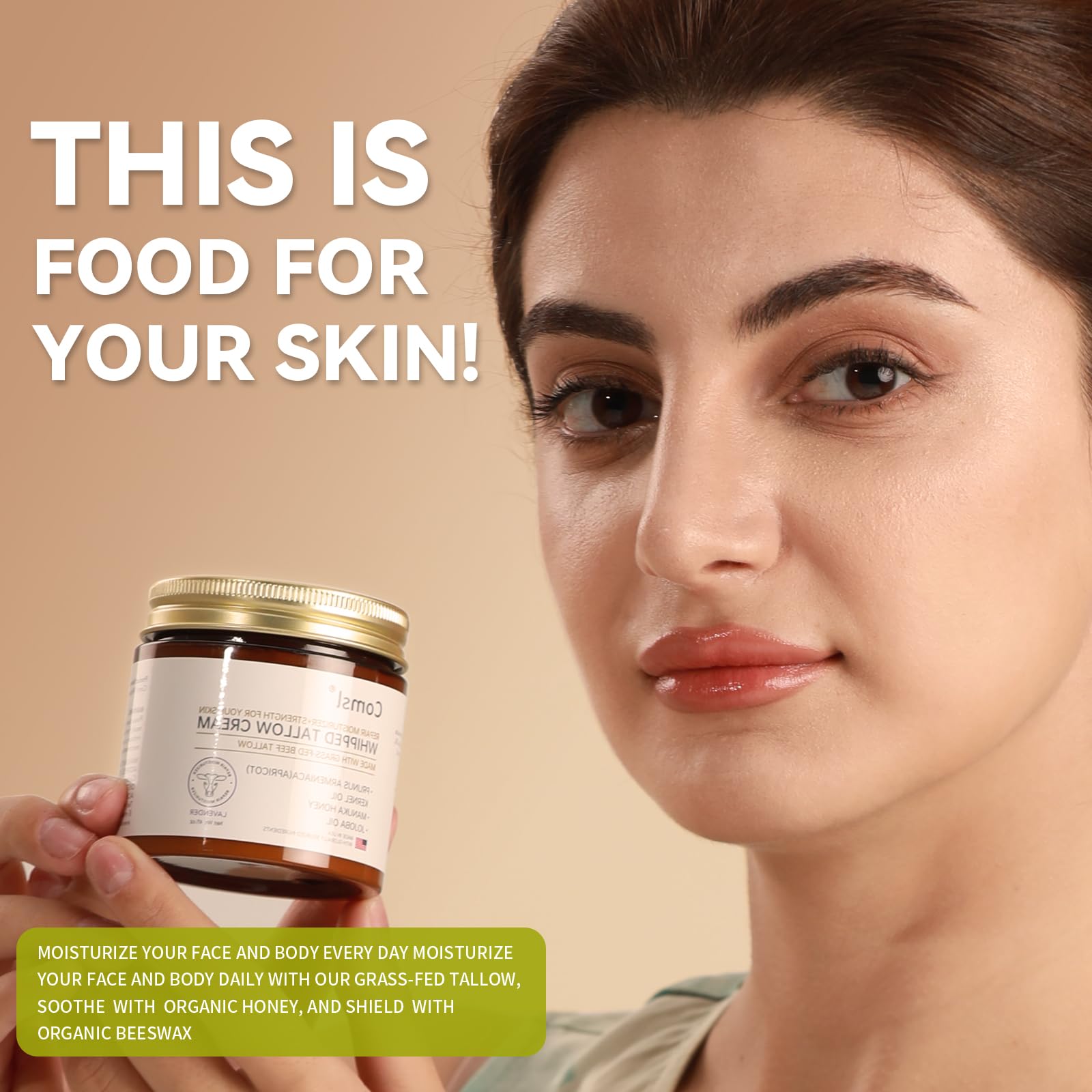 comsl Whipped Tallow Honey Cream jar in hand demonstrating unscented formula