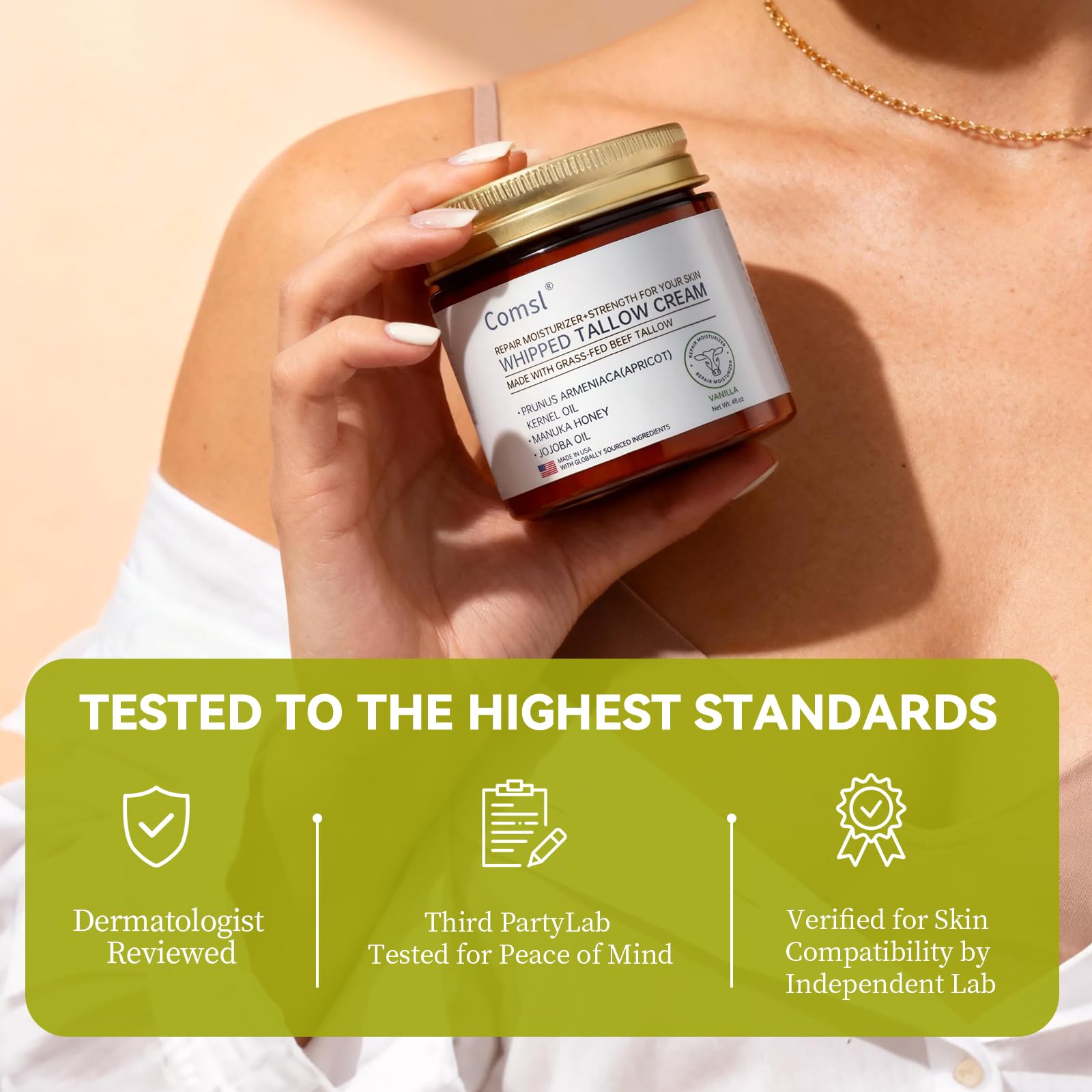 comsl Whipped Tallow Honey Cream US-made label highlights clean ingredients