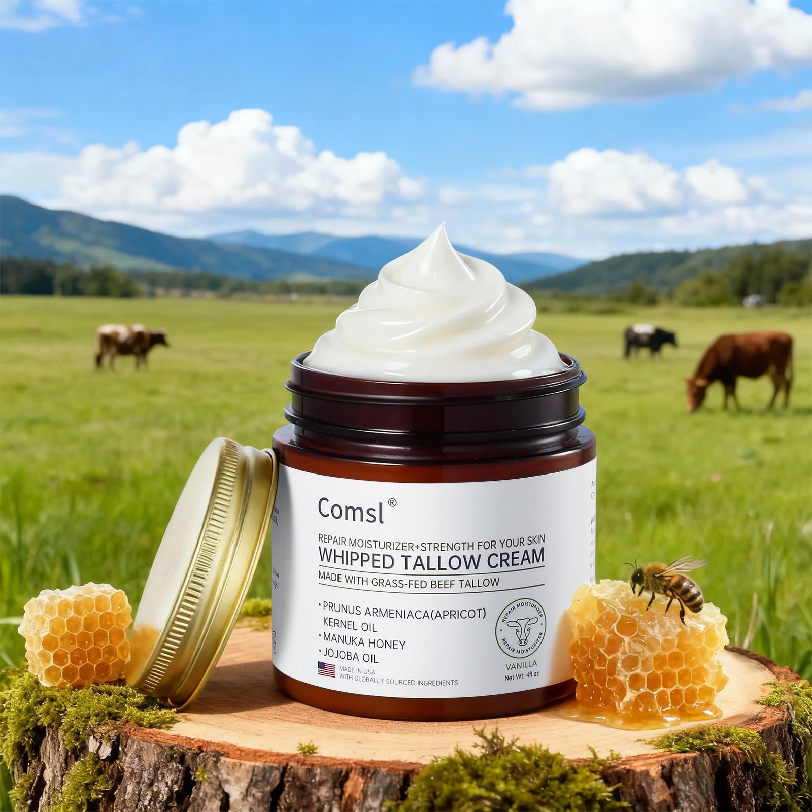comsl Whipped Tallow Honey Cream packaging with USA-made tag