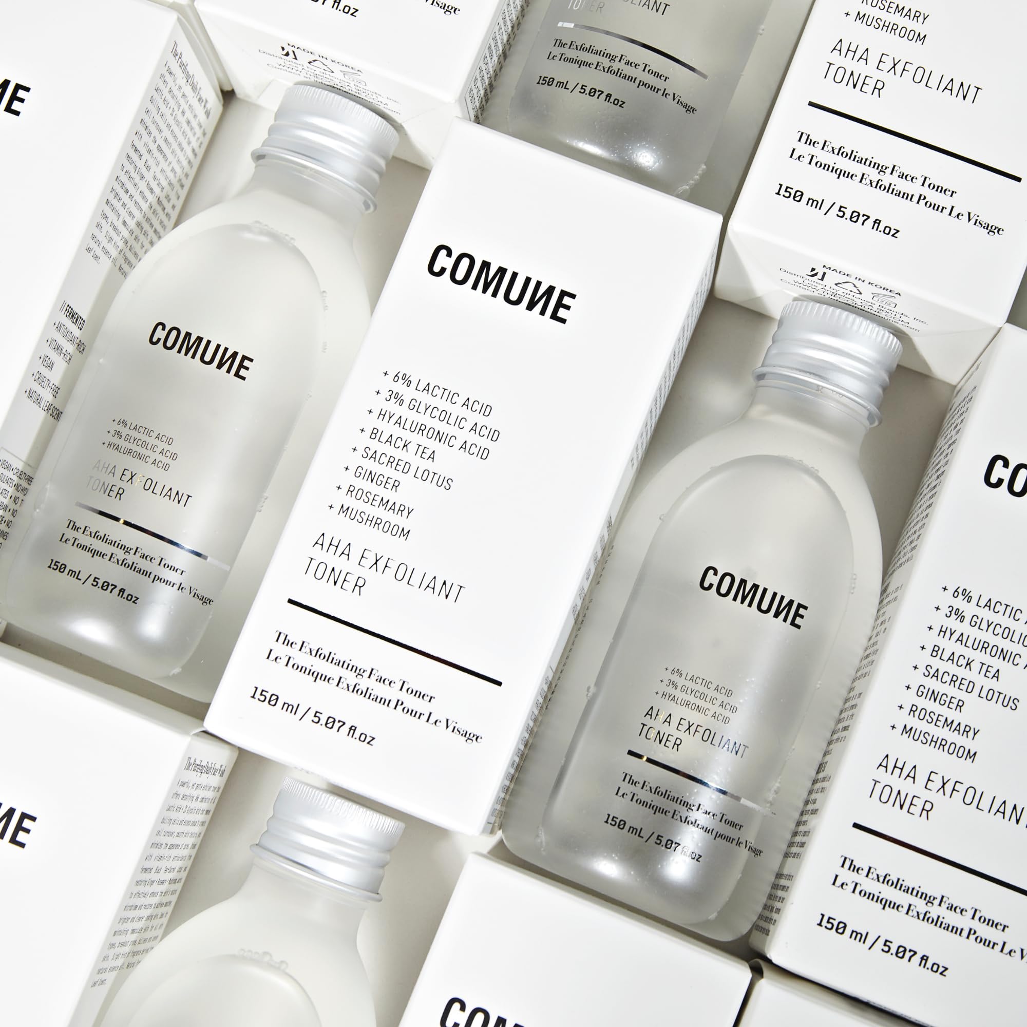 COMUNE AHA Exfoliant Toner gentle formula with fermented tea and botanicals.