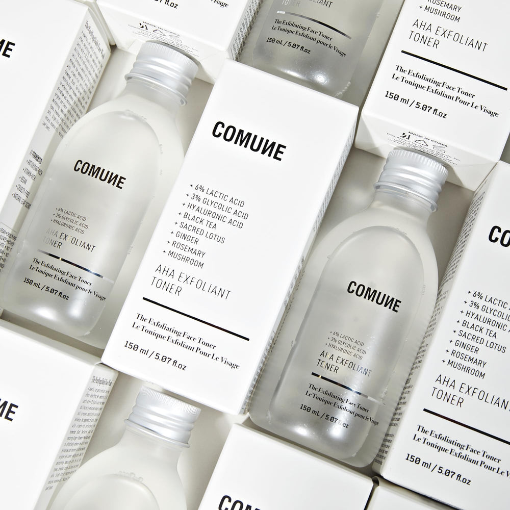 COMUNE AHA Exfoliant Toner gentle formula with fermented tea and botanicals.