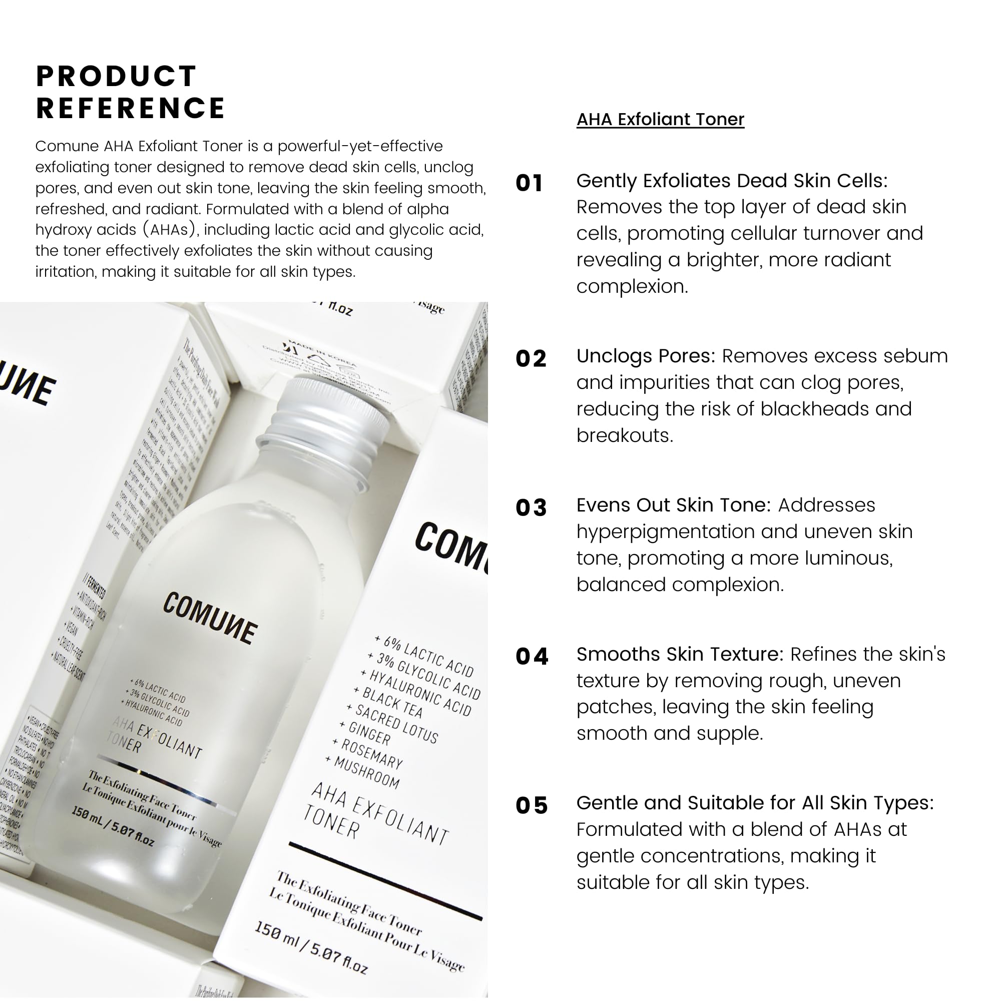 COMUNE AHA Exfoliant Toner pores before-after closeup illustrating unclogging effects.