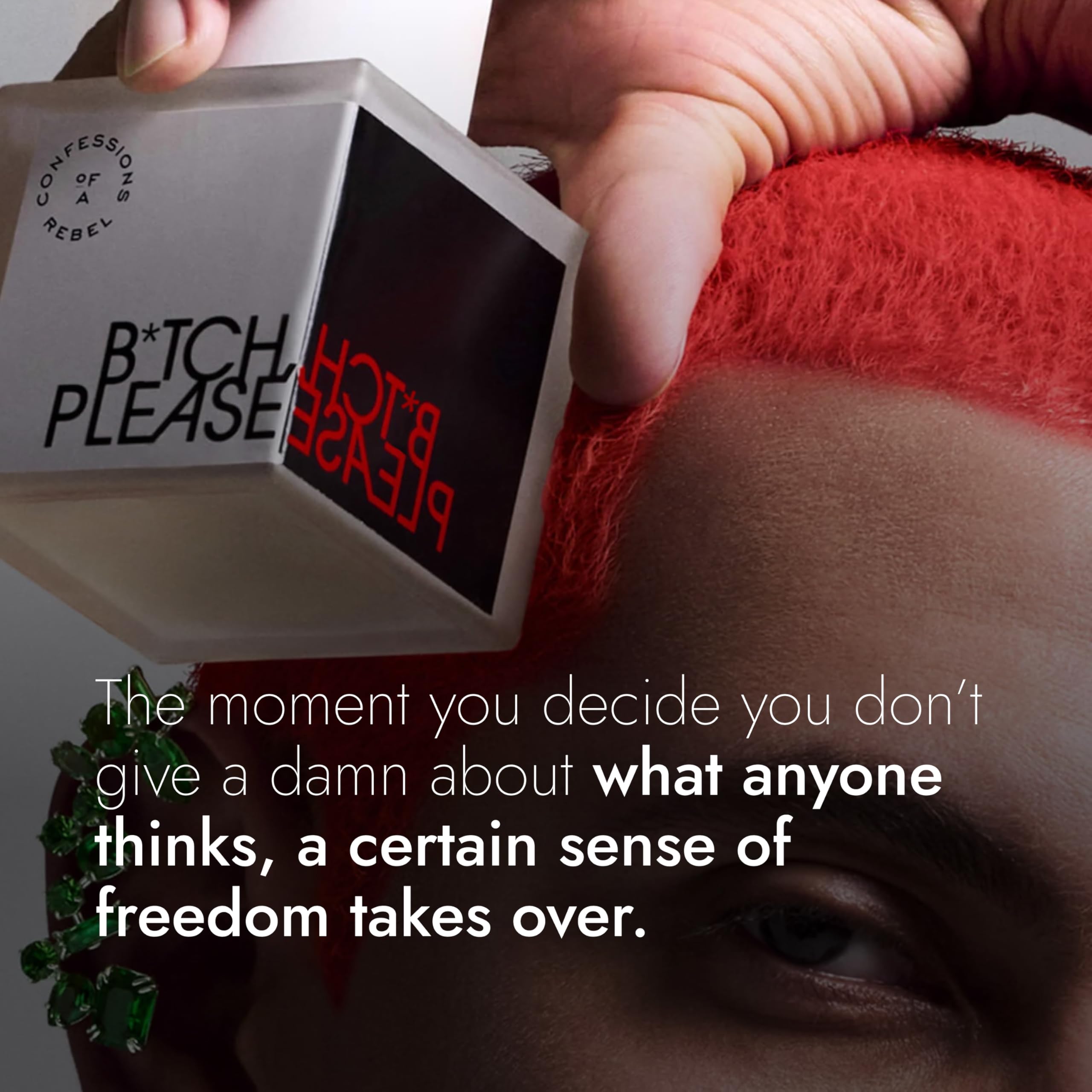 Confessions of a Rebel B*tch Please EDP mini bottle cap closeup, showcasing bold, modern design.