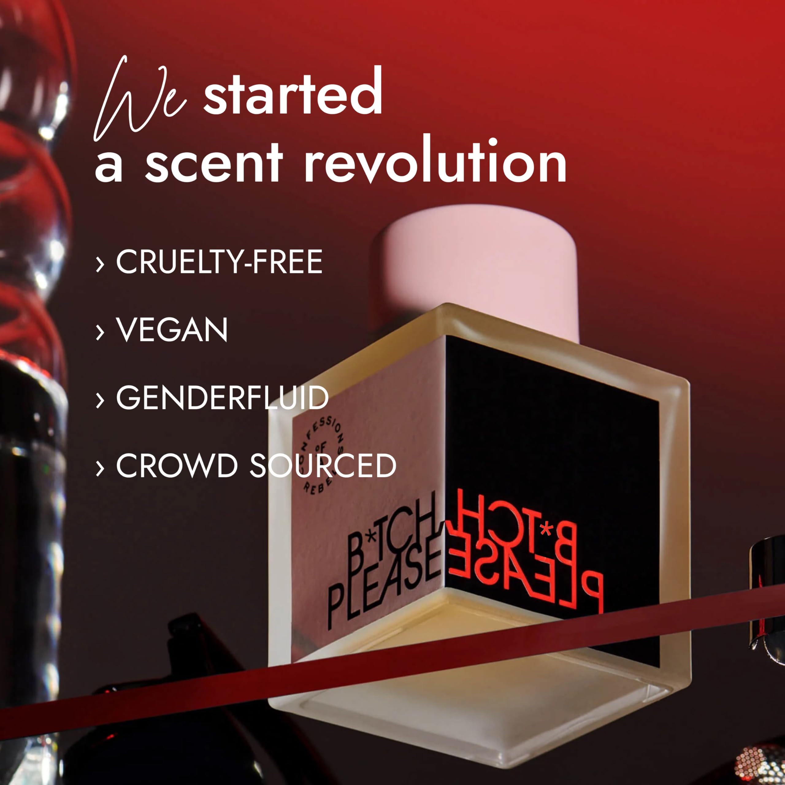 Confessions of a Rebel B*tch Please EDP packaging display, premium styling that catches the eye.