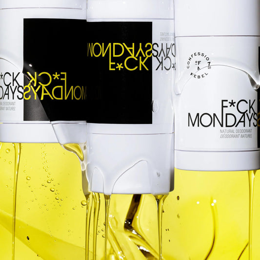 Confessions of a Rebel Fck Mondays deodorant swipe demonstrates easy underarm application for daily freshness.