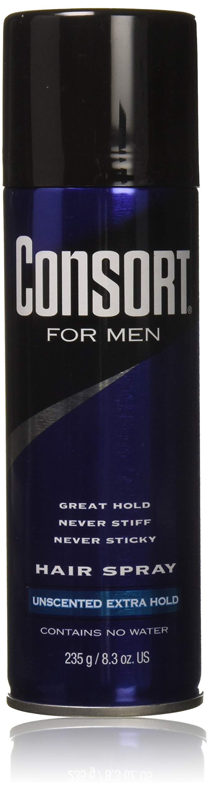 Consort For Men unscented extra-hold spray bottle front for durable styling.