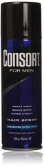 Consort For Men unscented extra-hold spray bottle front for durable styling.