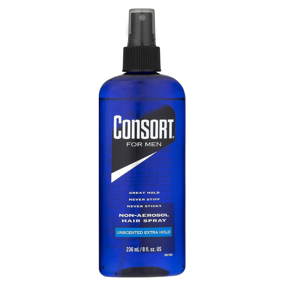 Consort Hair Spray 8 Oz Unscented Pump bottle showing weightless hold for natural styling