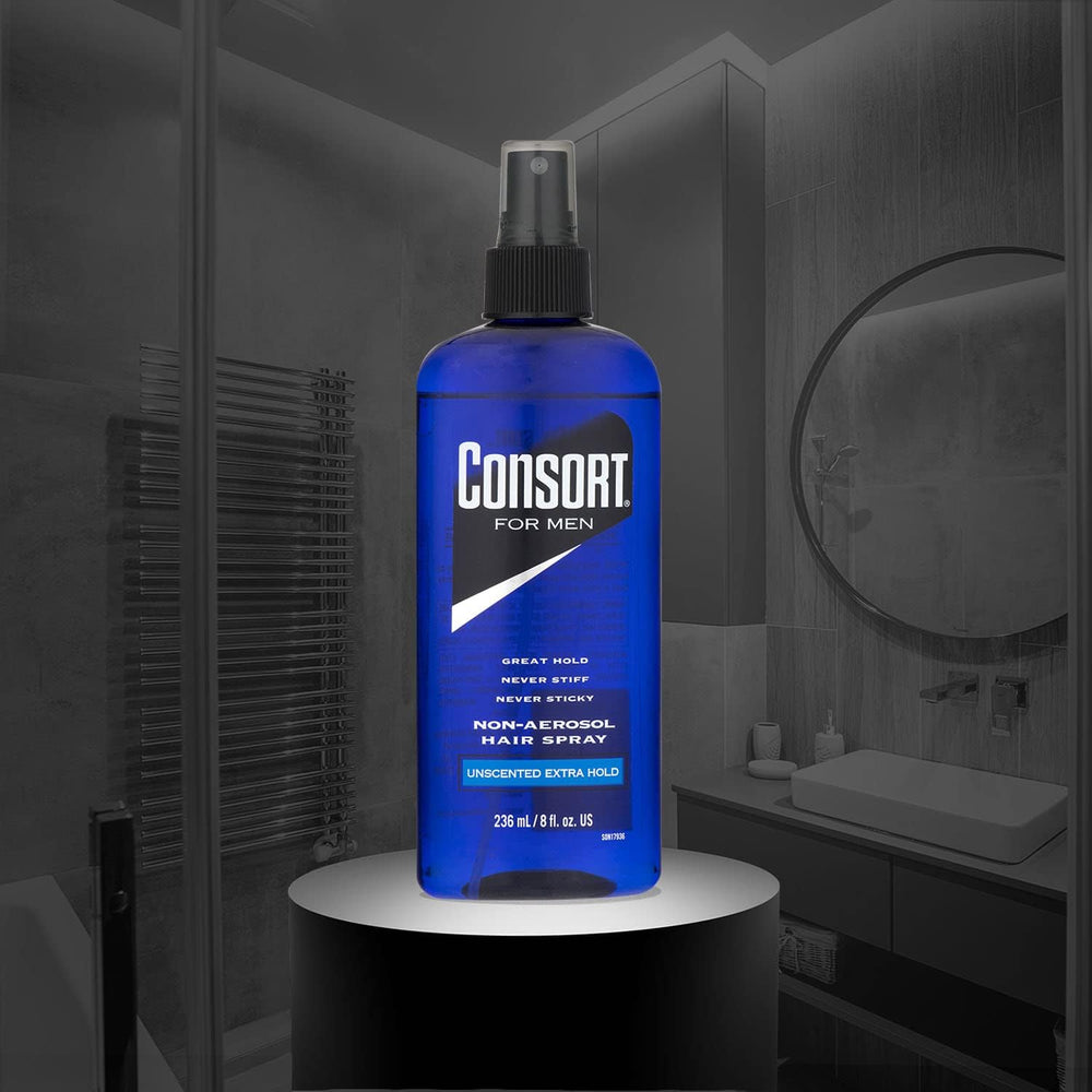 Consort Hair Spray application mist demonstrates even distribution for steady hold