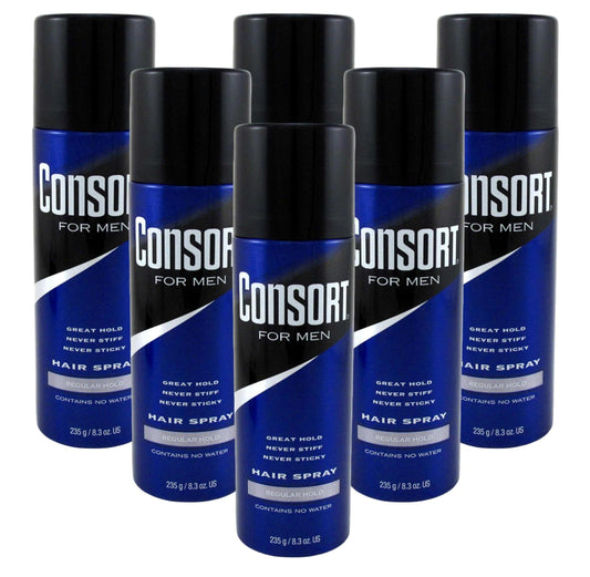 Consort Hair Spray regular hold bottle close-up for smooth, long-lasting styling.